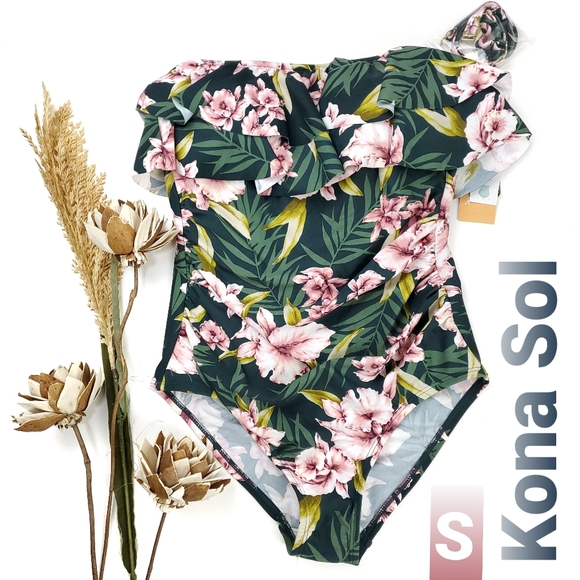 Kona Sol Other - NEW Kona Sol Pink Green Floral Ruffled 1 Pc Sz S
